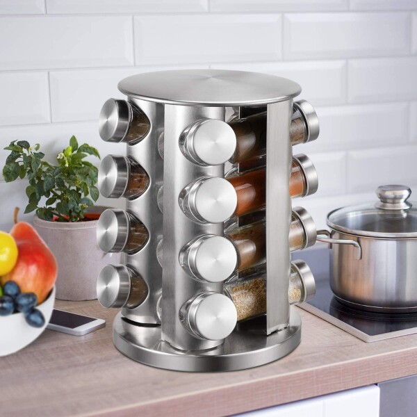 Especiero Redondo Giratorio 16 Frascos De Vidrio Acero Inox Especiero Redondo Giratorio 16 Frascos De Vidrio Acero Inox