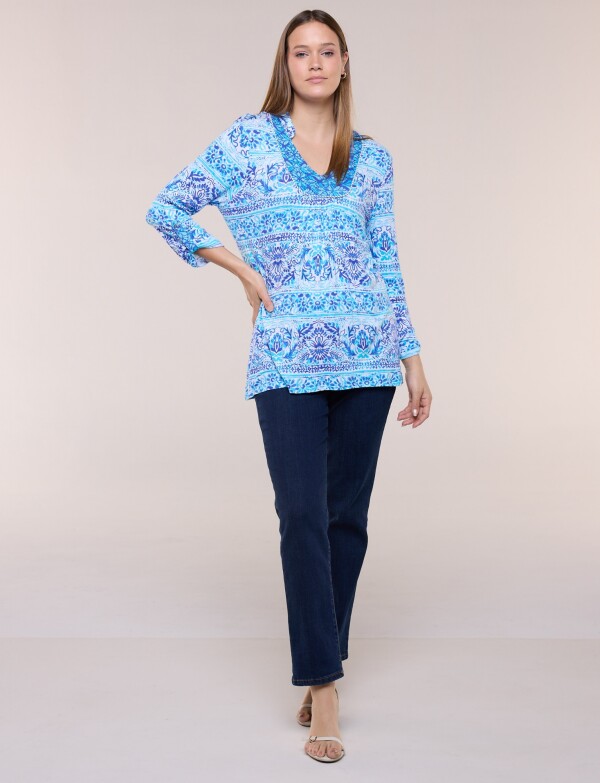 Remera Estampada Manga 3/4 Roll-up AZUL/MULTI