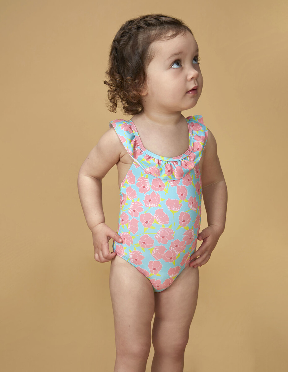 Bañador Estampado Flores - Turquesa Brillante 