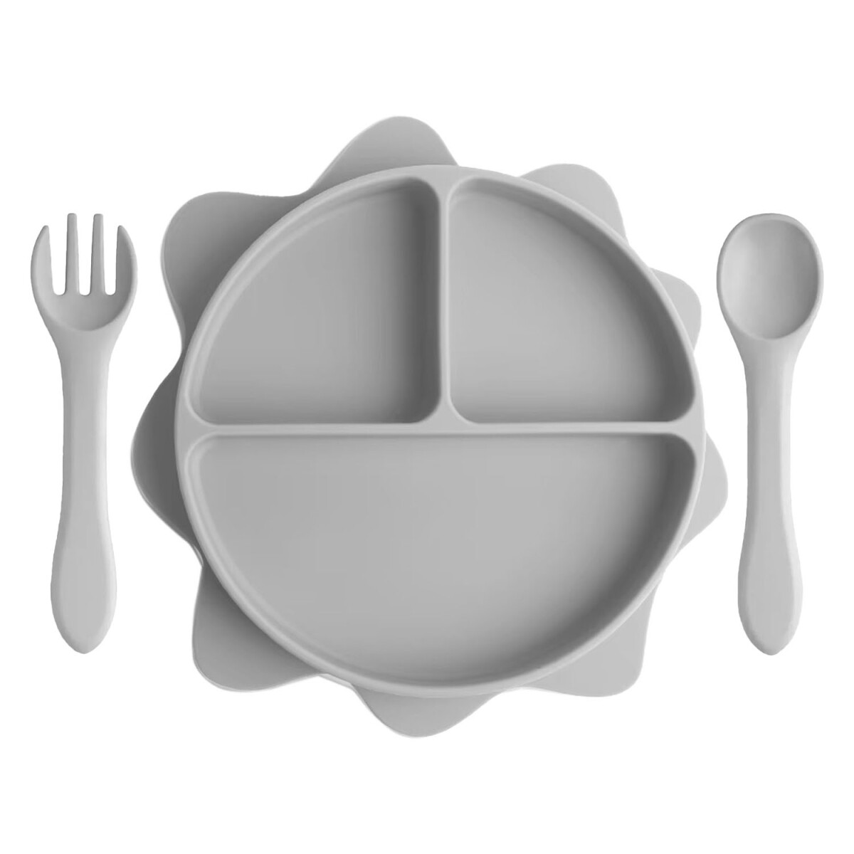 Set Comida Bebé Plato Sol con Divisiones + Cuchara y Tenedor - Gris 