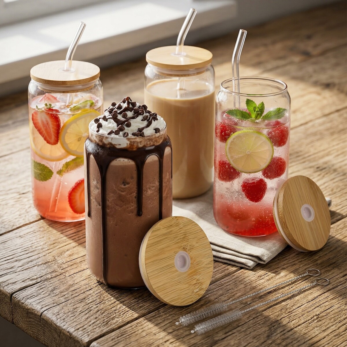 Set X4 Vasos De Vidrio Con Tapa Madera Bambu y Sorbetes 400ml IMBACK 