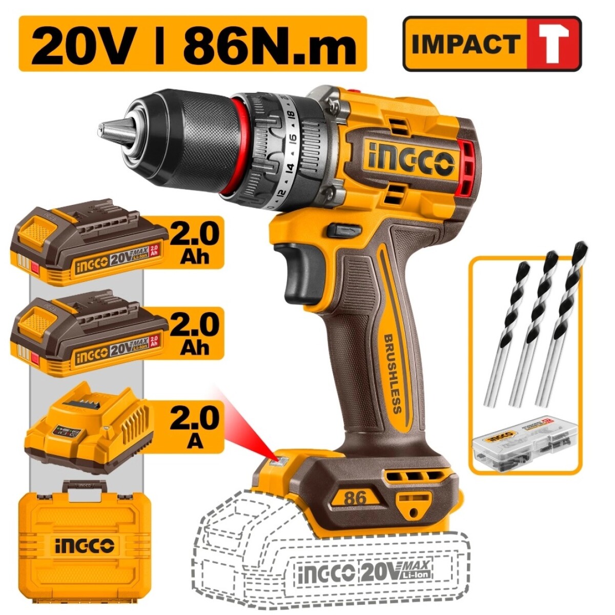 TALADRO ATORNILLADOR CON PERCUTOR 86NM A BATERIA P20S 20V + - AMARILLO-NEGRO 