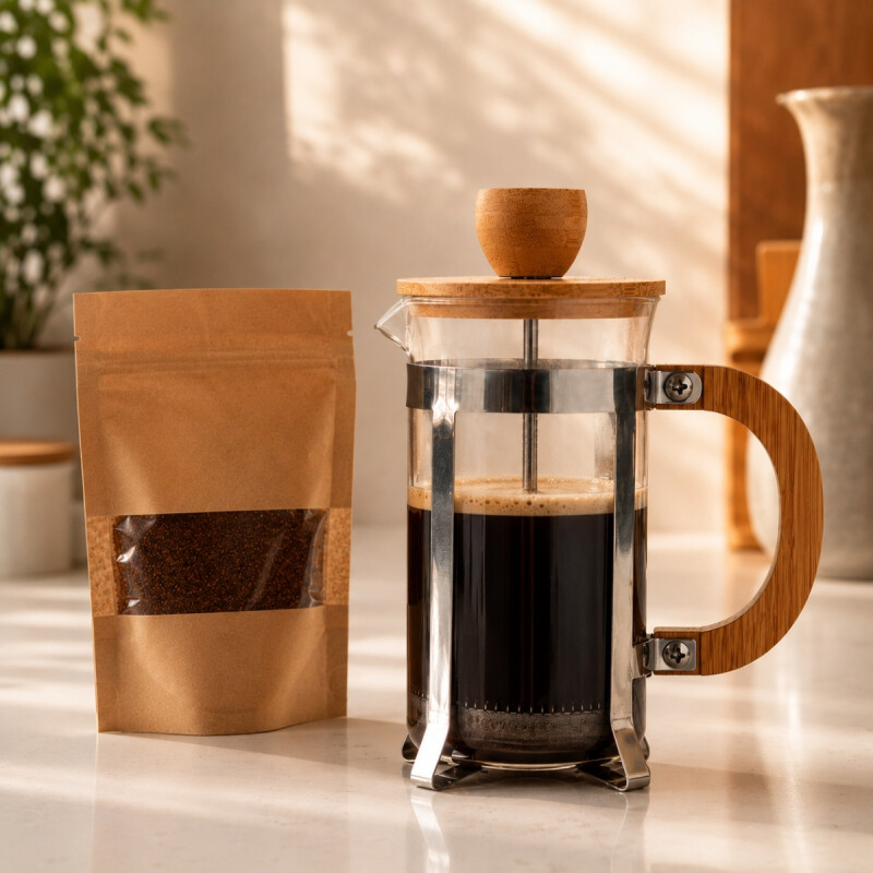 Cafetera francesa de vidrio y madera 350 ml MADERA