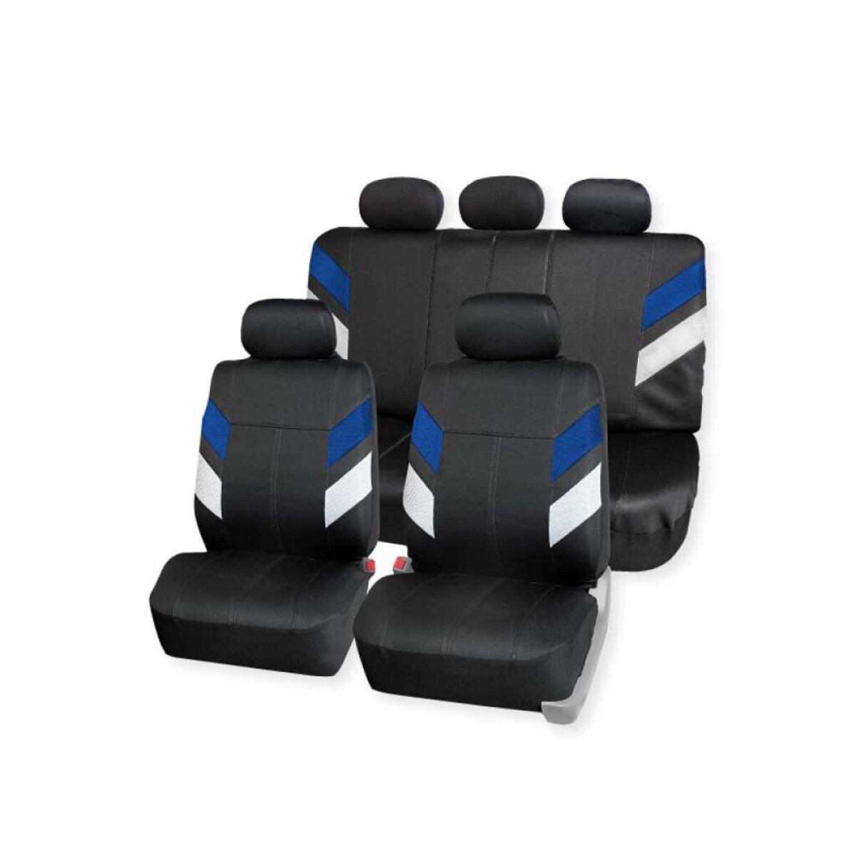 Cubreasiento 9 Piezas Combinado Eco Cuero Y Malla - Negro Con Detalles En Azul Y Blanco 
