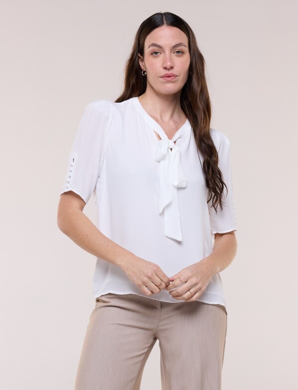 Blusa Lazo Con Mangas Abotonadas BLANCO