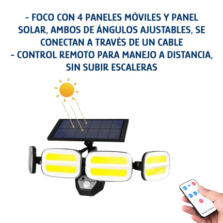 Foco Solar de Pared Ajustable 4 Luces Led c/Sensor y Control Negro