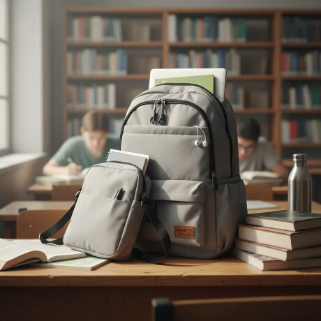 Set Mochila Bolso Cartuchera Alumno Resistente 3 Piezas Gris