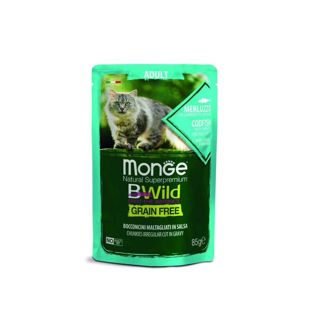 MONGE BWILD POUCHES AD. CODFISH W/ SHRIMPS AND VEGETABLES 85 GRS MONGE BWILD POUCHES AD. CODFISH W/ SHRIMPS AND VEGETABLES 85 GRS