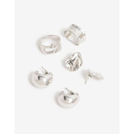 Set De Anillos Y Aros Metal Plateado Rodio