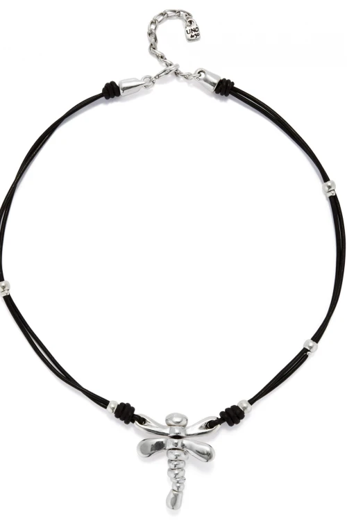 COLLAR DE CUERO Y LIBÉLULA BAÑADA EN PLATA DE LEY PLATA / BLANCO