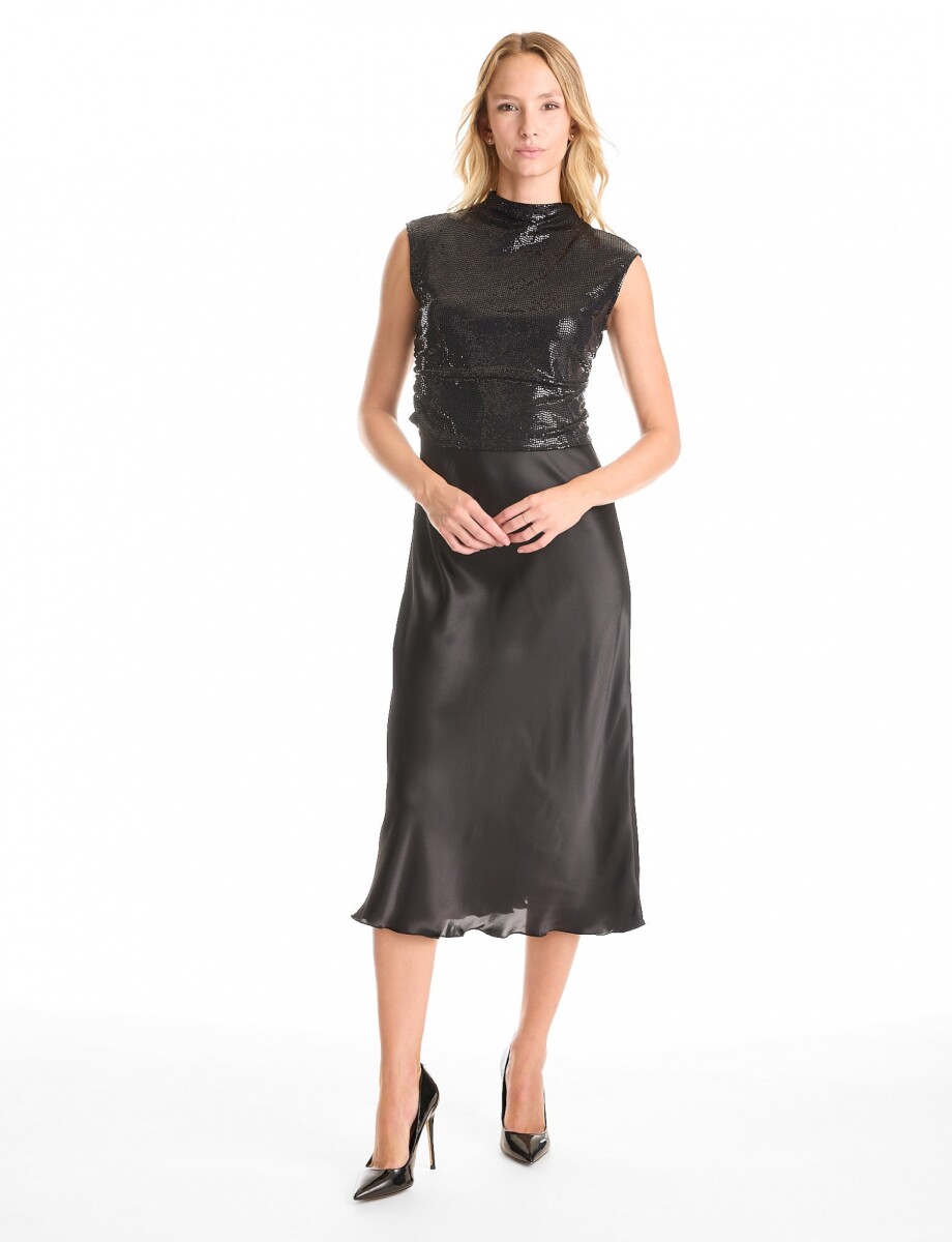 Vestido Noche Midi Satinado Con Top De Lentejuelas - Negro 