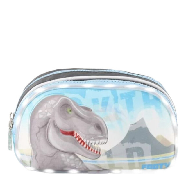 Cartuchera Footy DINOSAURIO doble cierre con luz led Gris - Celeste