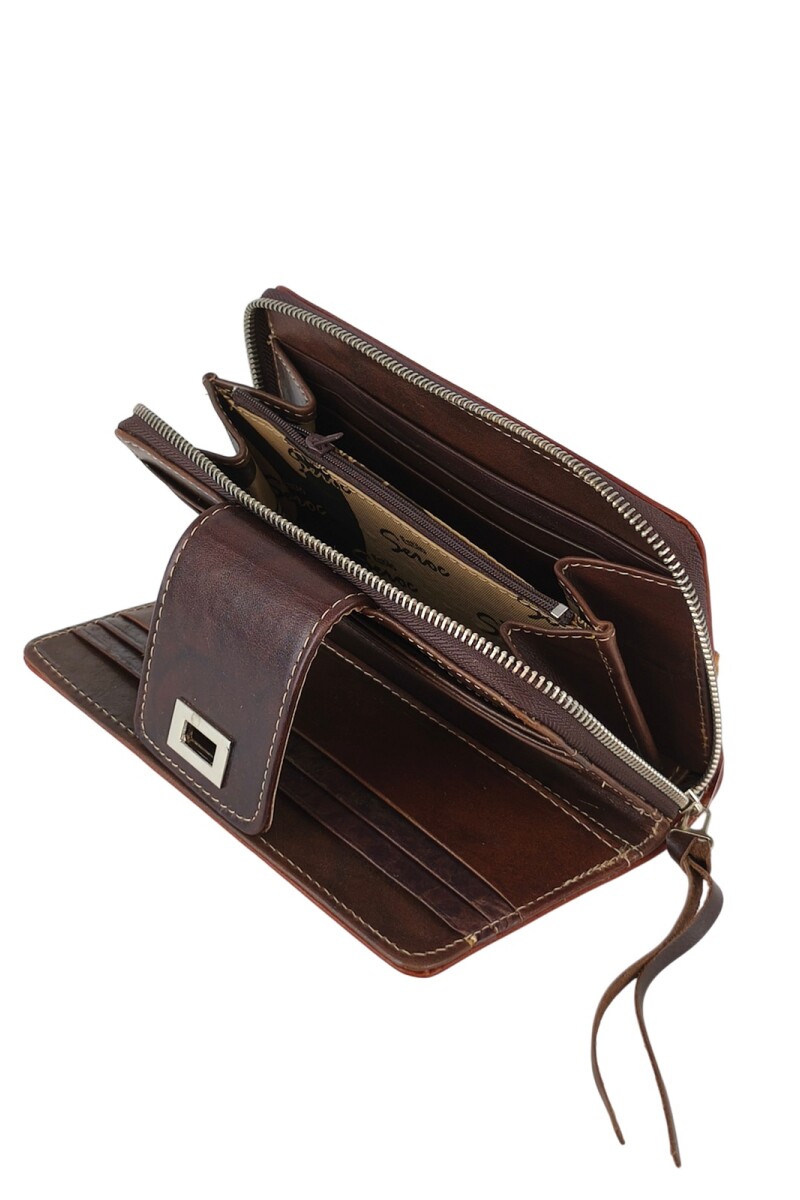 Monedero con tarjetero y cierre metálico Marrón