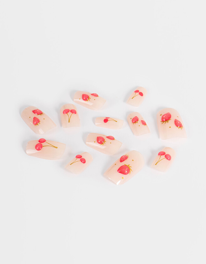 Nail Art Uñas Postizas Uñas Postizas Con Diseño De Cerezas Y Frutillas Efecto 3d Almendradas - Combinacion Bicolor
