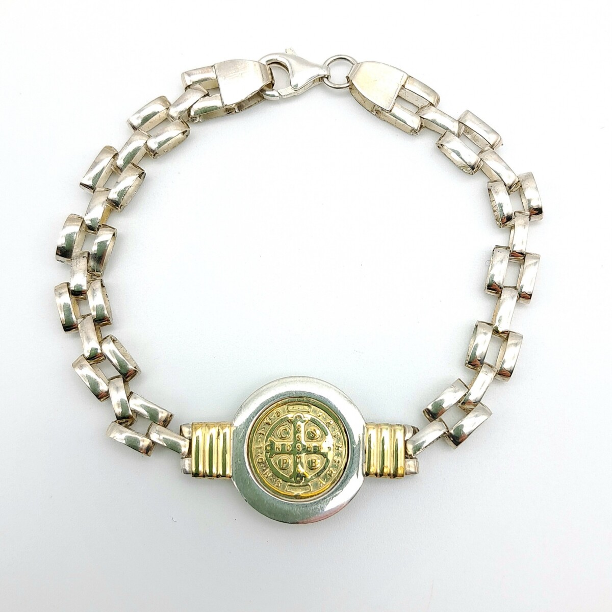 Pulsera religiosa de plata 925 y double en oro 18 ktes, SAN BENITO. 