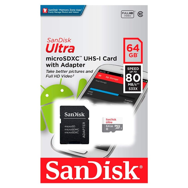 Tarjeta de Memoria MicroSD Clase 10 Ultra con Adaptador SD de 128GB SanDisk Tarjeta de Memoria MicroSD Clase 10 Ultra con Adaptador SD de 128GB SanDisk