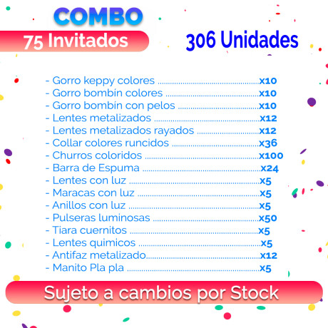 Combo Cotillon Metalizado 75 Invitados - 306 Articulos Combo Cotillon Metalizado 75 Invitados - 306 Articulos