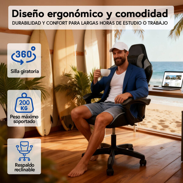 Silla Gamer Ergonomica Escritorio Reclinable Soporta 200kg Imback Negro con Gris Silla Gamer Ergonomica Escritorio Reclinable Soporta 200kg Imback Negro con Gris