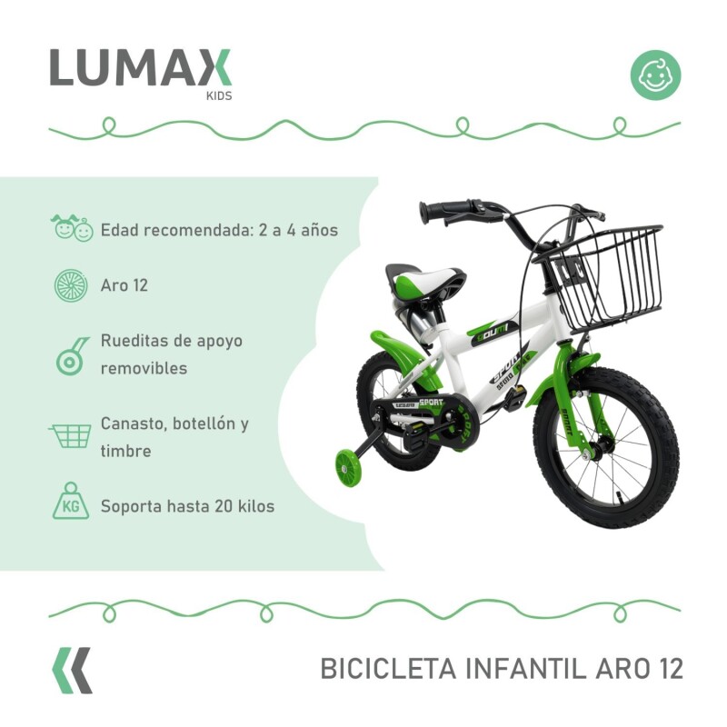 Bicicleta Rodado 12 Con Canasto Y Caramañola Niño Niña Verde