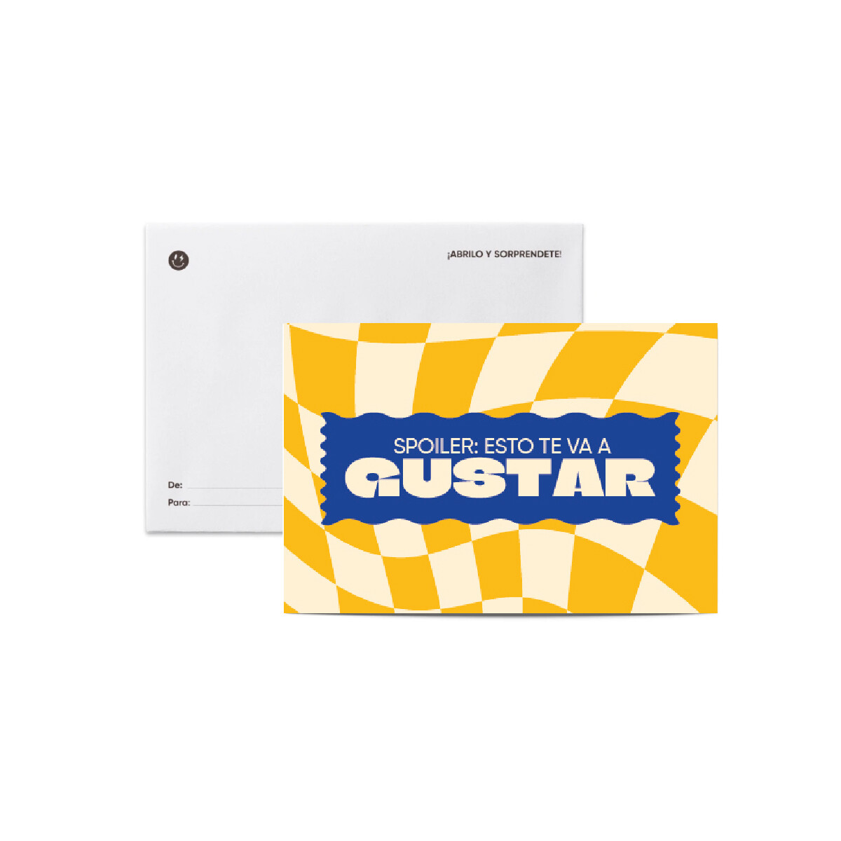 Tarjeta azul y amarillo con sobre "Te va a gustar" 