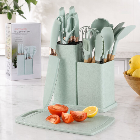 Set Utensilios Cocina 19Pz + Escurridor 3Niv. Drenaje Autom. Verde Claro