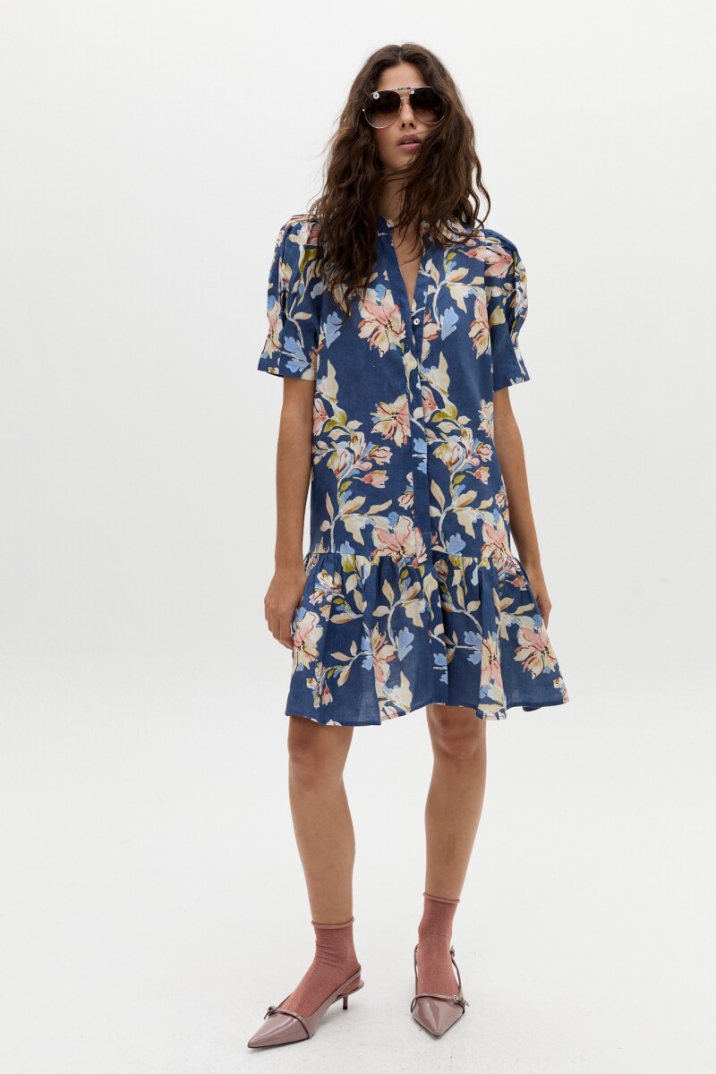 Vestido Corto Athina en Lino Blue Poppy Print
