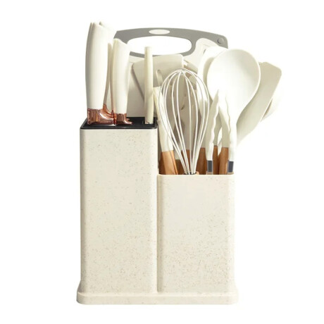 Set Cocina Menage 19Pz Utensillos Cuchillos Tabla c/Soporte Beige