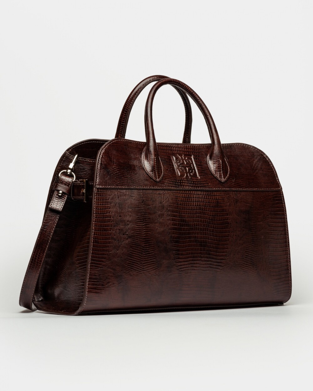 Cartera de Mano The Roots En Cuero Grabado Lagarto Marron