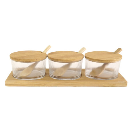 Set de 3 condimenteros con cuchara y bandeja Set de 3 condimenteros con cuchara y bandeja