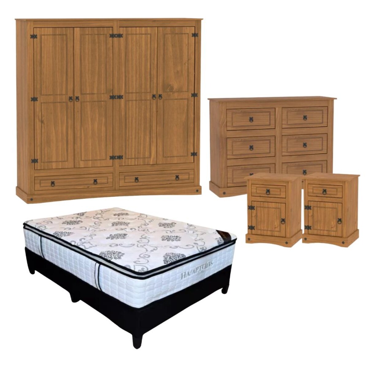 Promo Juego de Dormitorio Linea Naturale + Sommier 2 plazas Hamptons Hybrid Bronze - ROBLE 