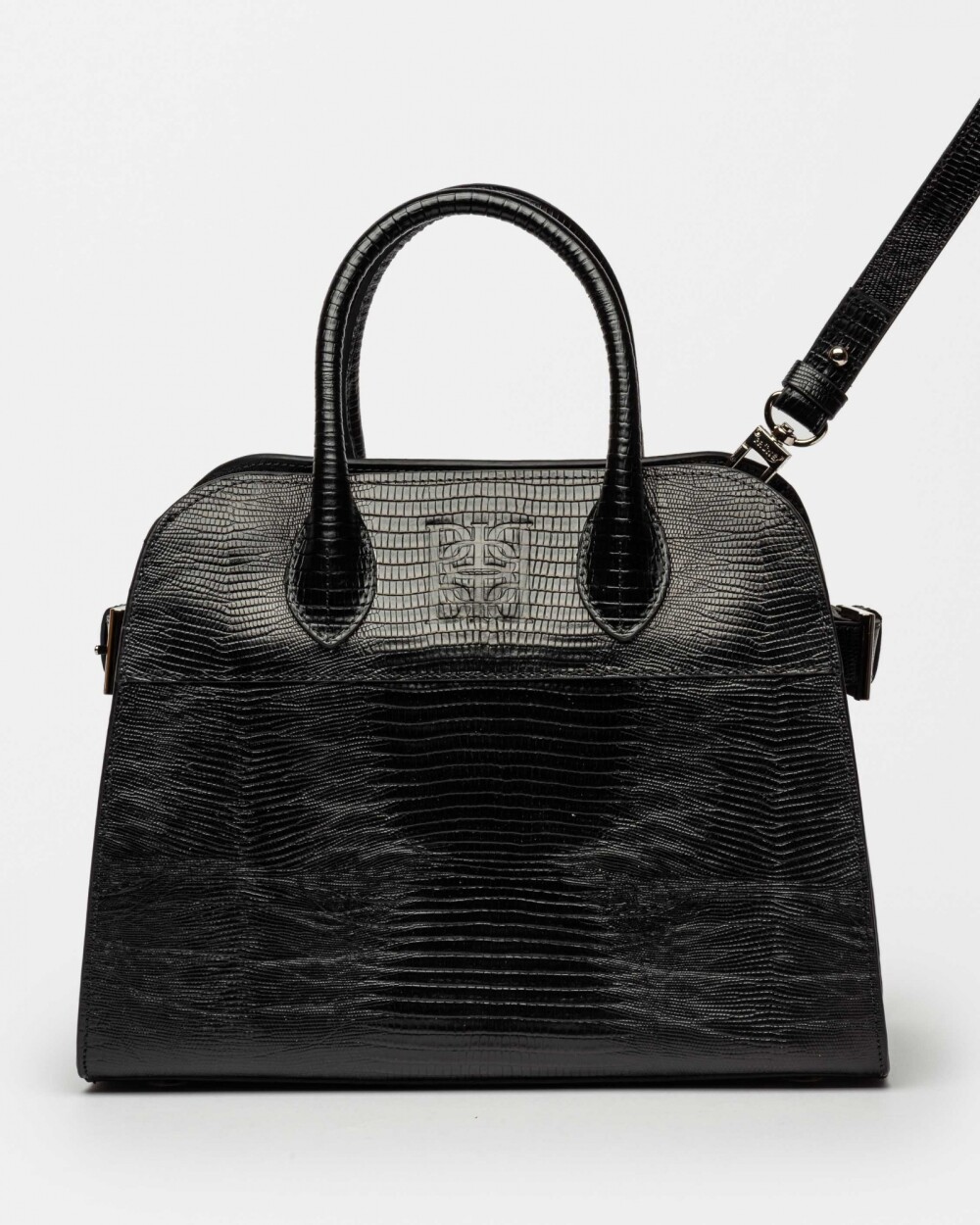 Cartera de Mano The Roots En Cuero Grabado Lagarto Negro