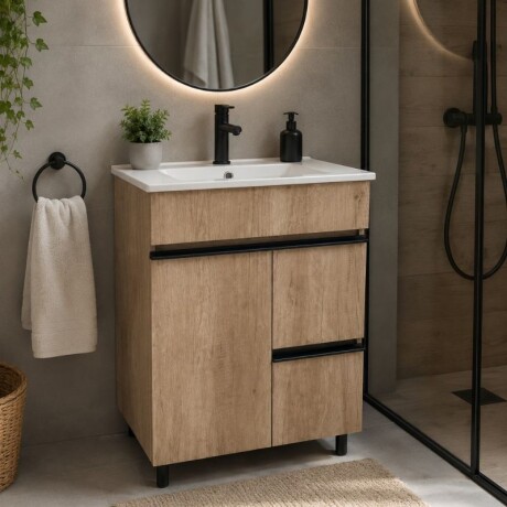 MUEBLE DE BAÑO 60 CM 1 PUERTA + 2 CAJONES - MESADA DE LOZA NEVADA - ROBLE/BLACK MUEBLE DE BAÑO 60 CM 1 PUERTA + 2 CAJONES - MESADA DE LOZA NEVADA - ROBLE/BLACK
