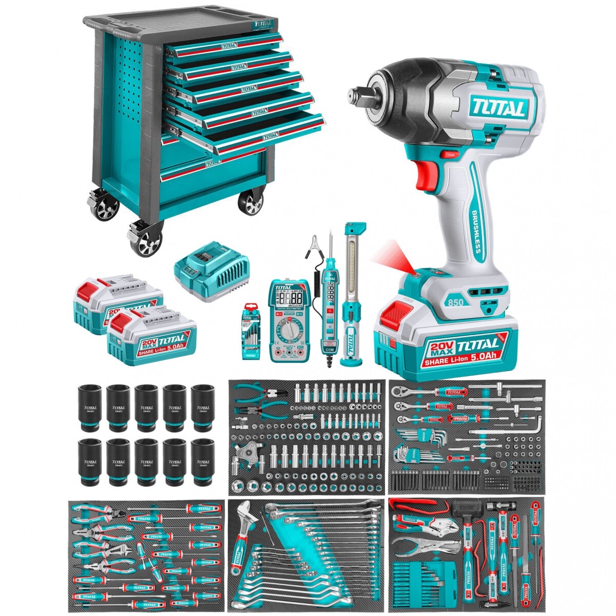 Set De 396 Piezas: Gabinete Organizador Con Llave Impacto 20v 1/2", Multímetro, Tester, Linterna, Herramientas Manuales 