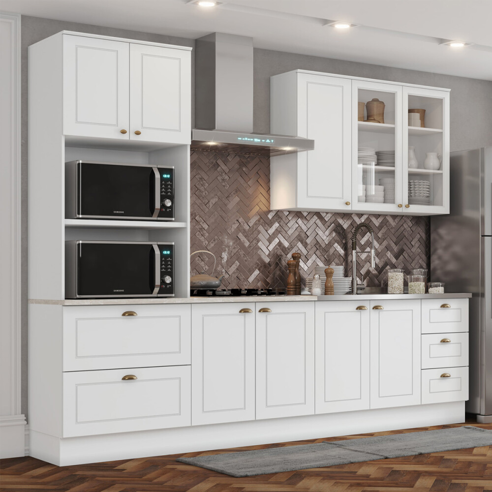 PANELERO TORRE 2 PUERTAS 2 CAJONES ARMARIO CON ESTANTERÍA PARA MICROONDAS - LÍNEA AMERICANA BLANCO