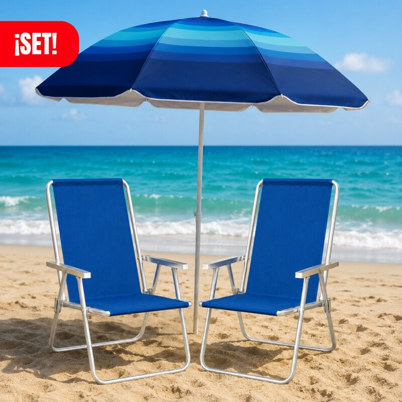 Set x2 Silla Alta Conforto Aluminio + Sombrilla AZUL