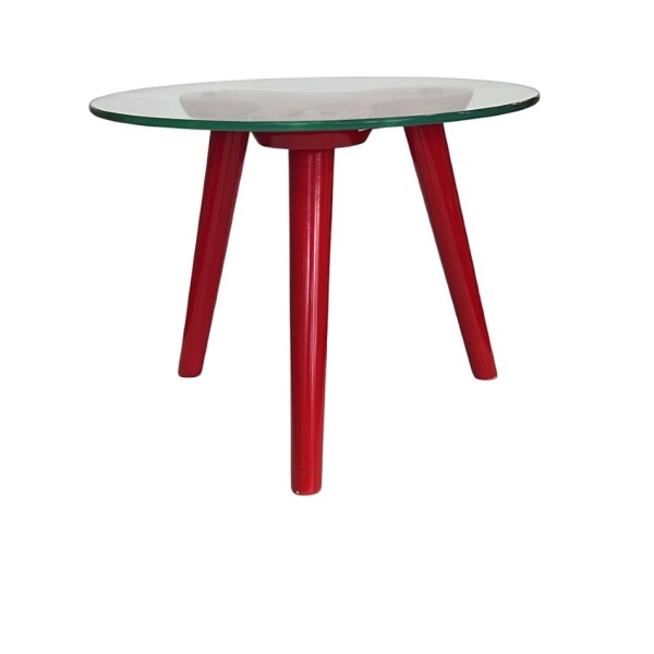 Mesa lateral baja roja. Tapa de vidrio - Producto con detalles. Mesa lateral baja roja. Tapa de vidrio - Producto con detalles.