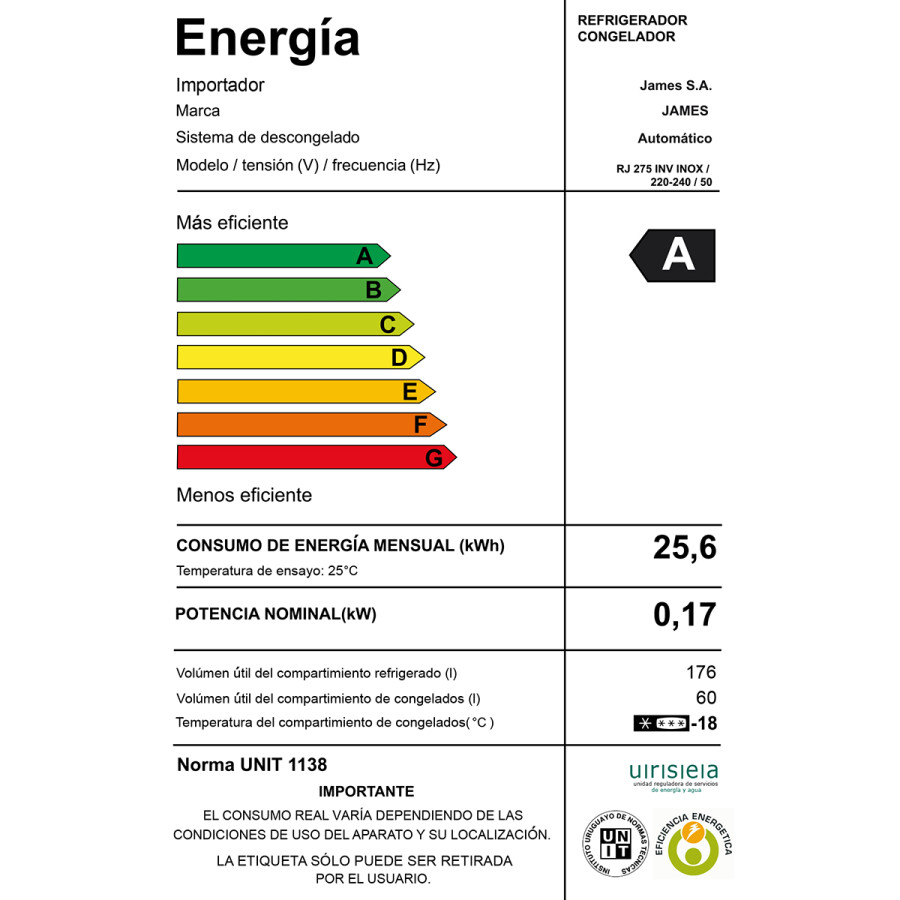 Heladera Frío seco 236 L James RJ 275 INV color INOX Heladera Frío seco 236 L James RJ 275 INV color INOX