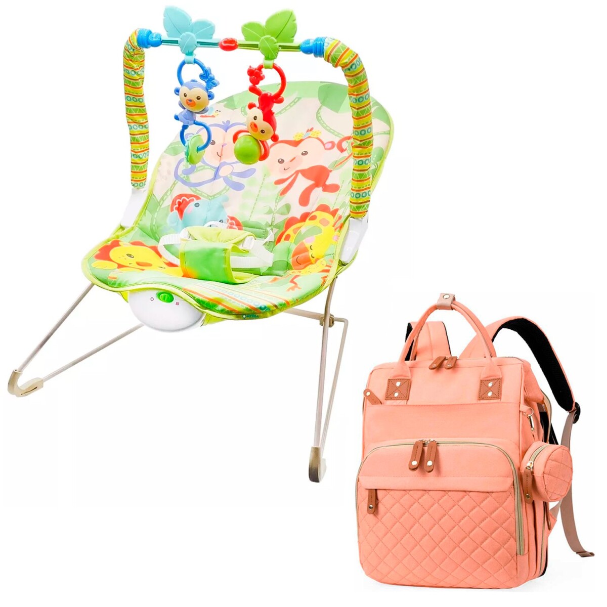 Silla Mecedora Bouncer Bebé + Mochila Maternal Impermeable - Variante Color Verde Salmon 
