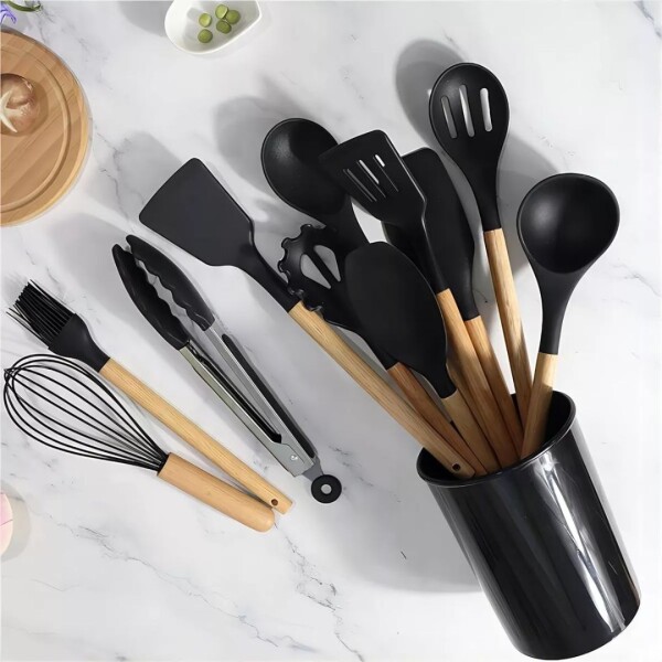 JUEGO 11 PIEZAS MENAGE SILICONA MANGO MADERA NEGRO