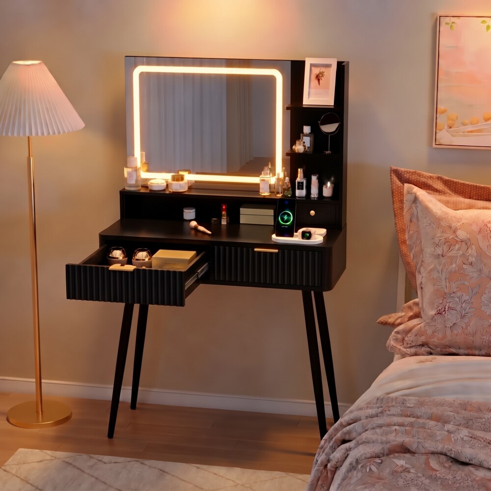 TOCADOR MAQUILLAJE MODERNO ESPEJO LUZ LED + ENCHUFE 3 CAJONES REPISAS ORGANIZADORAS PATAS METÁLICAS NEGRO
