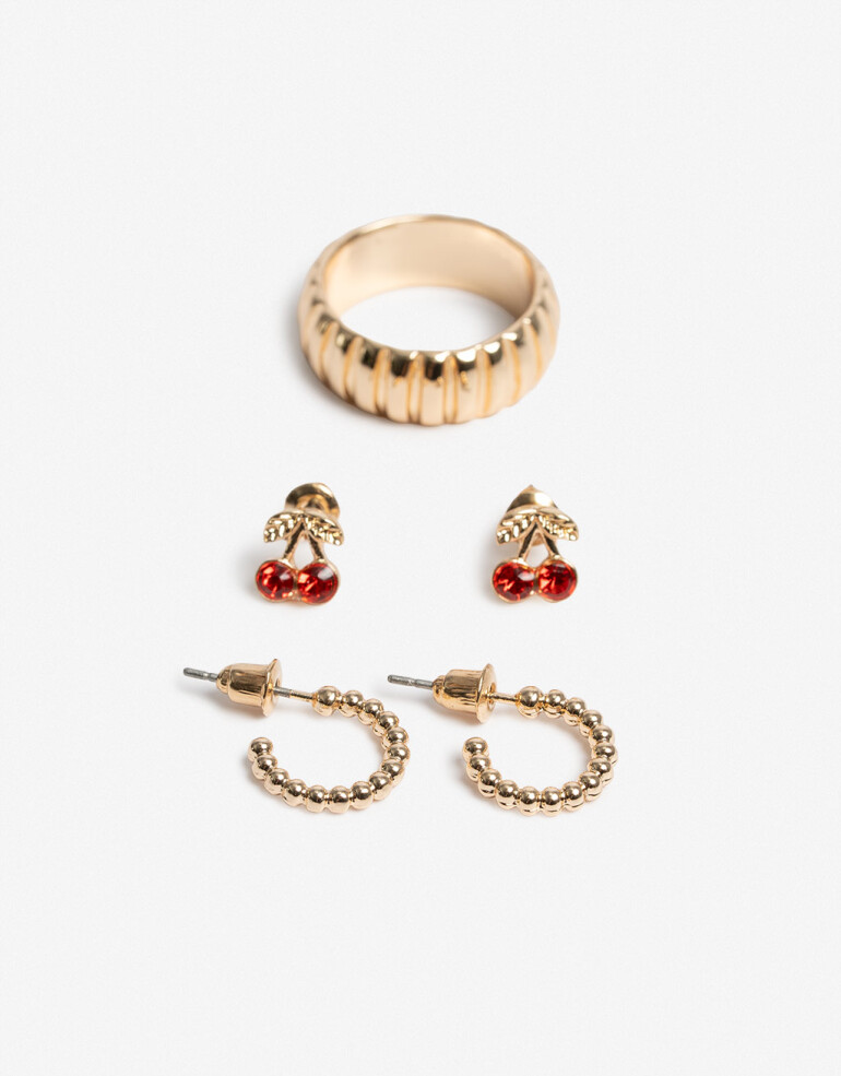 Bijouterie Set Metal Set De Aros Y Anillo - Dorado