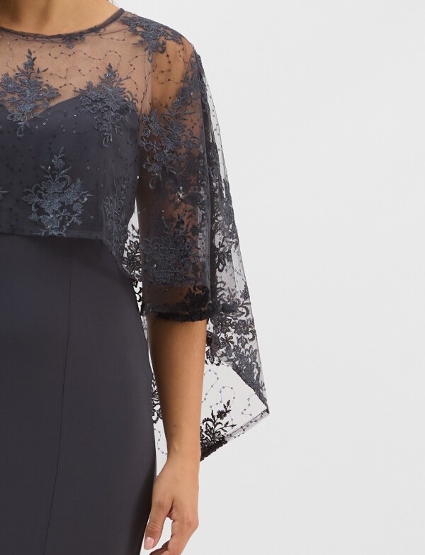 Vestido Maxi Con Capa Bordada GRIS OSCURO