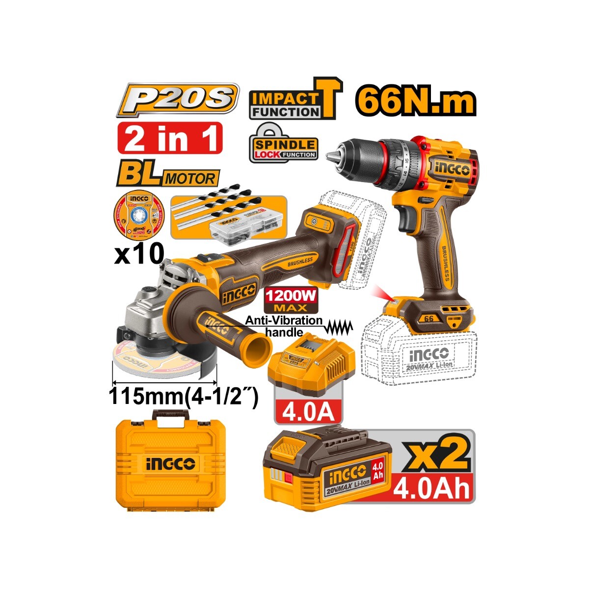 Kit Combo Inalámbrico INGCO CKLI20256 20V Amoladora 115 mm + Taladro Percutor 66 Nm con 2 Baterías 4.0Ah 