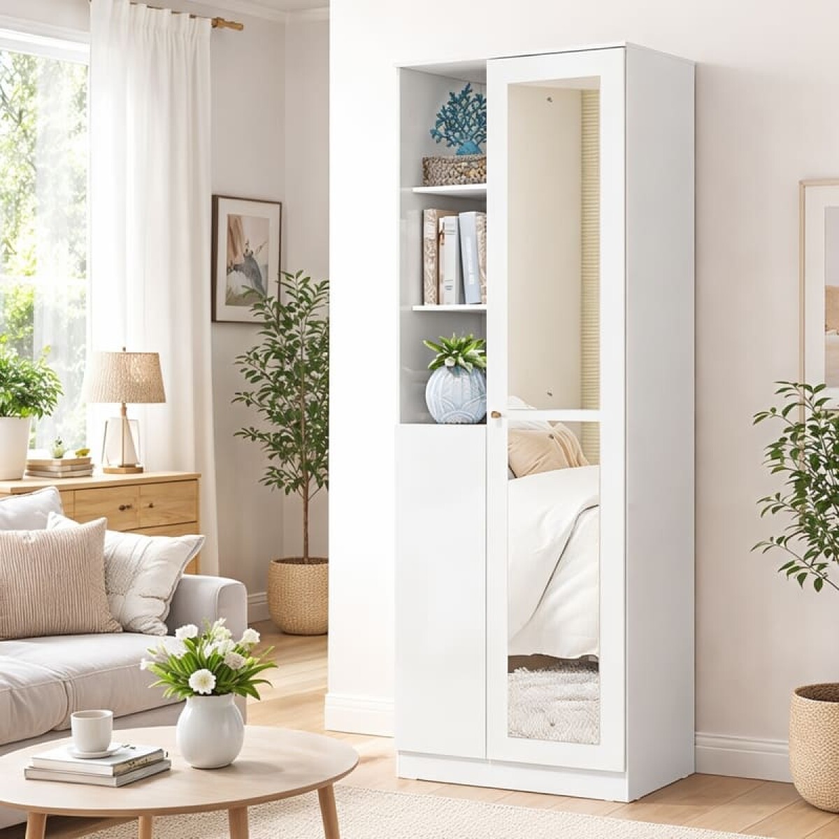 Mueble Multiuso Zapatera Lince Sublime - 2 Puertas con Espejo y 10 Estantes - Blanco 