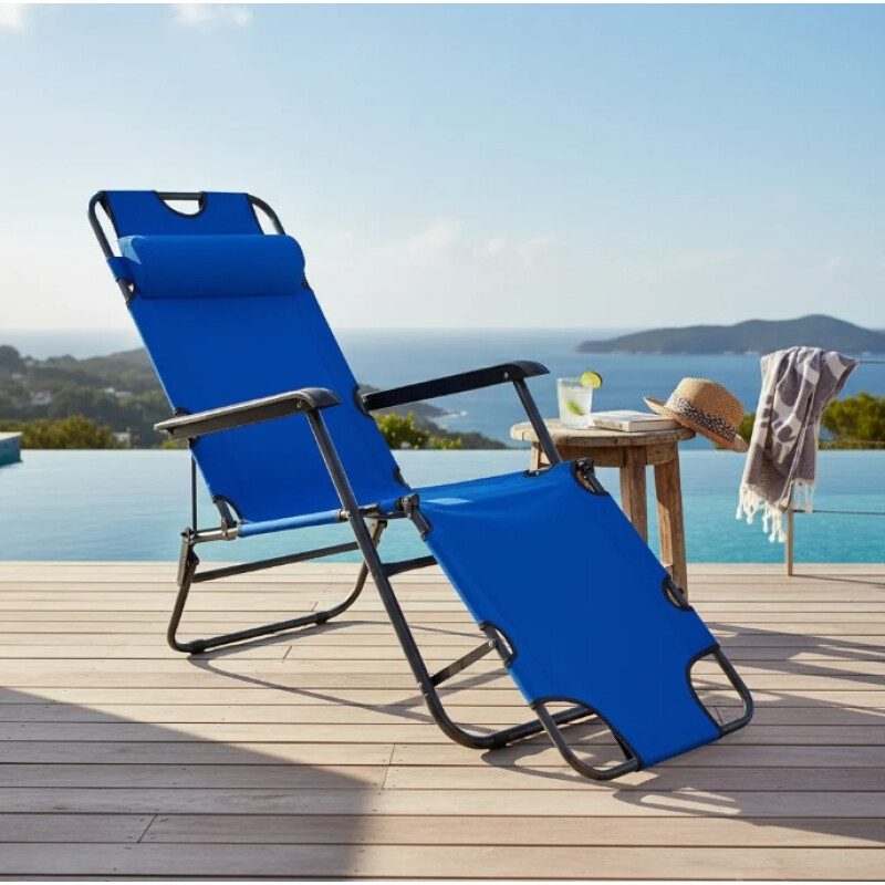 Silla Reposera Catre Plegable Anatómica Liviana Con Almohada Azul