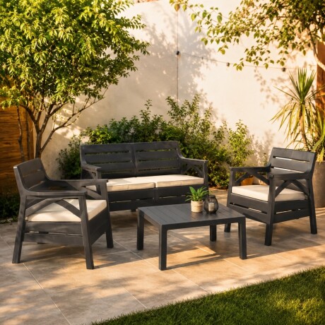 Juego Santana de jardín 3 sillones con almohadones + mesa GRIS