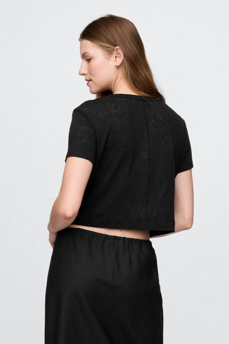 Remera Lino Crop Manga Corta Mujer Black