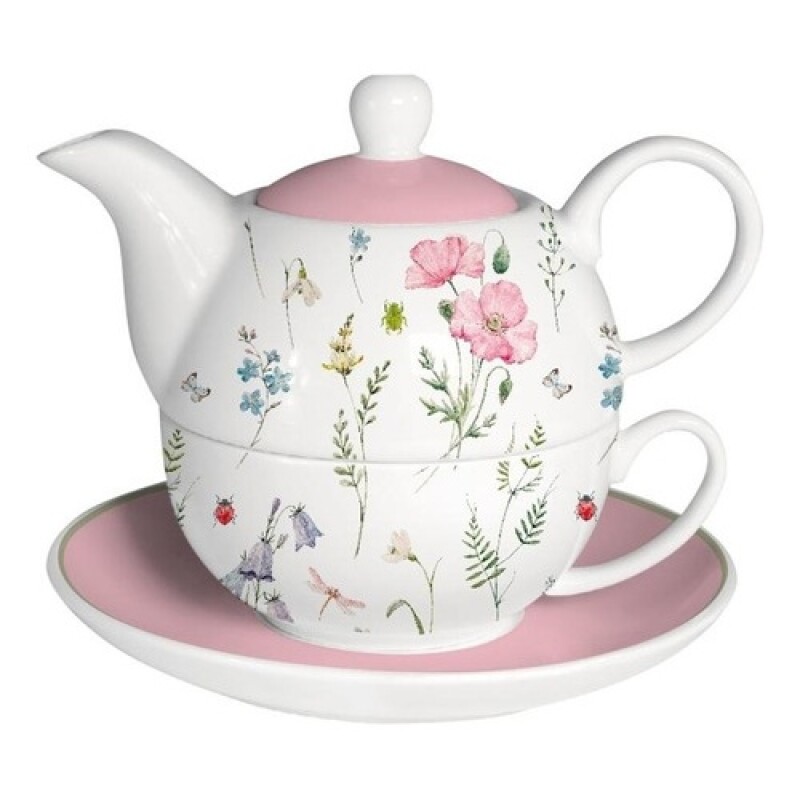 Juego de Té 3 Piezas Selecta en Porcelana Flores Rosa