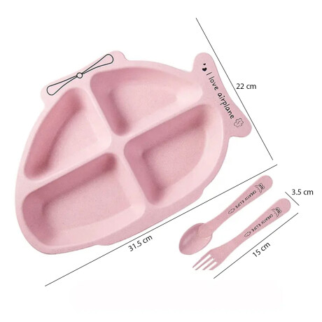 Set Comida Bebé Plato c/ Divisiones Tenedor Cuchara Plástico Rosa