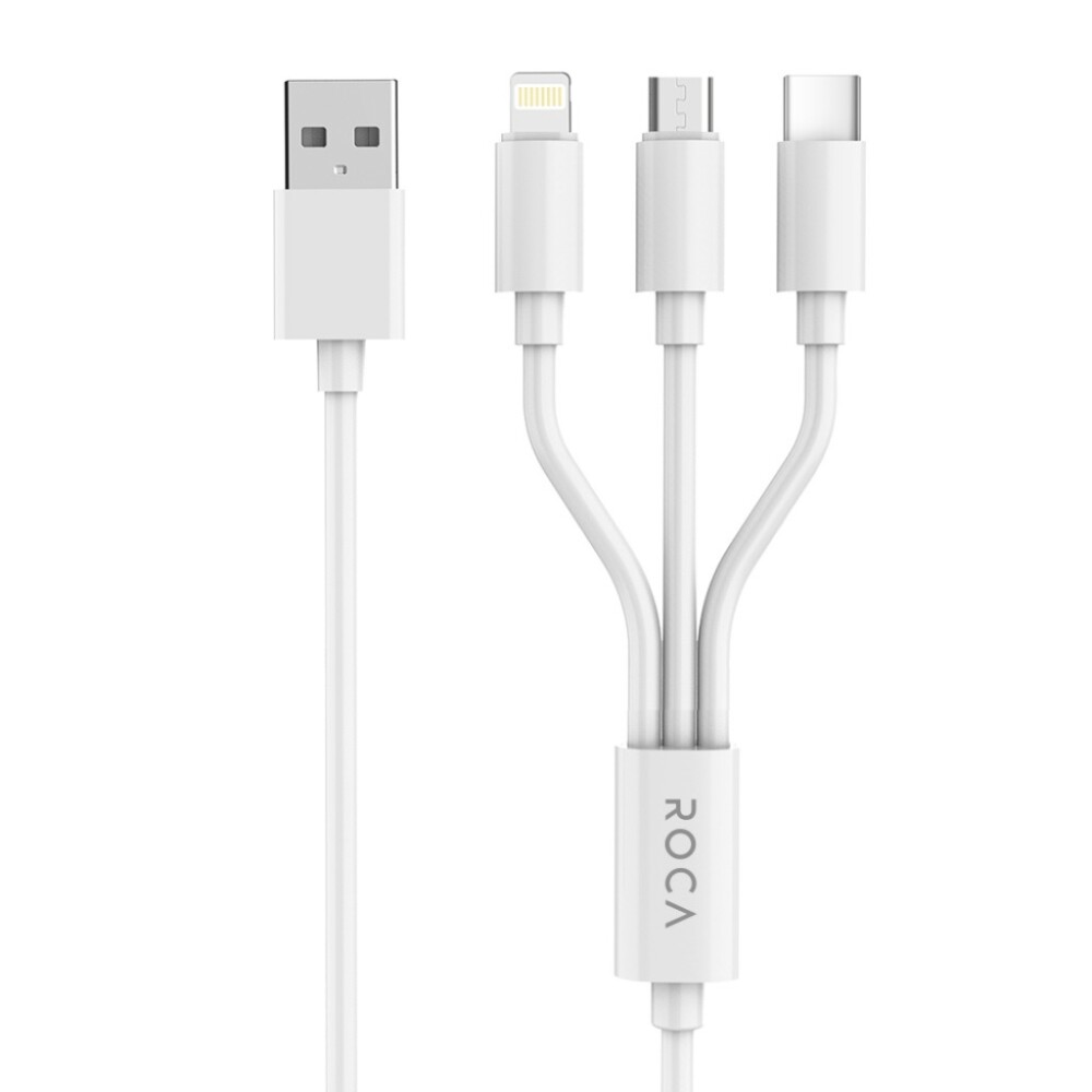 Cable 3 en 1 Roca Multipy 120cm Micro USB USB-C Lightning Blanco CABLE DE DATOS ROCA | MULTIPY | 3EN1 | 120CM | 2.4A | MICROUSB/TIPO C/LIGHTNING (SÓLO CARGA)| BLANCO